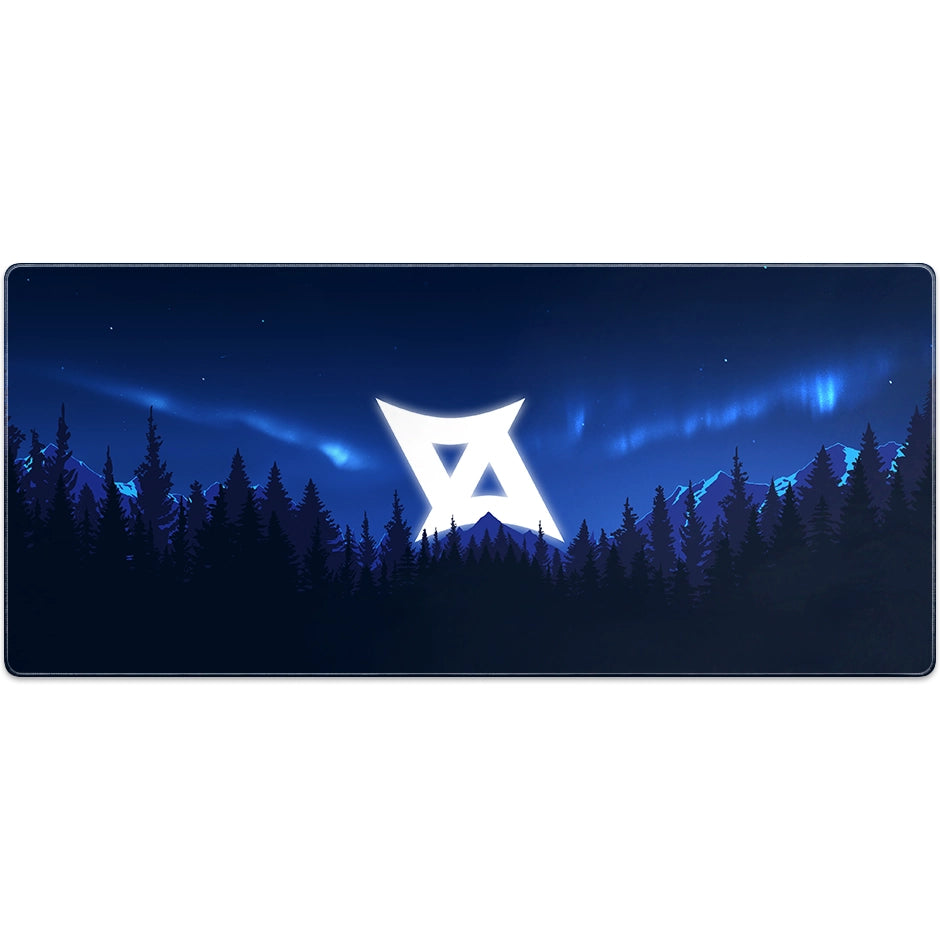 Large ArcaLoot gaming mousepad featuring AussieAntics logo and blue mountains. AussieAntics Alpine Aurora.