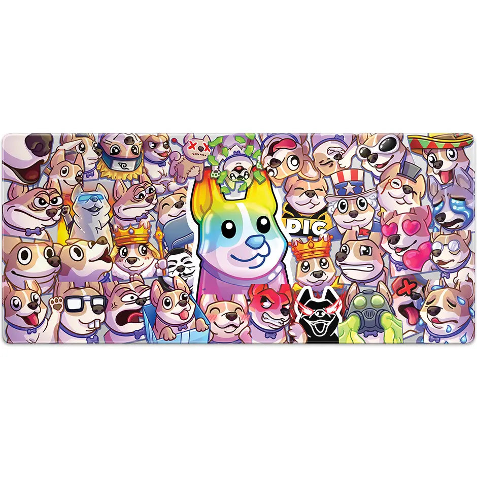 Large ArcaLoot gaming mousepad featuring colorful cartoon dog characters from AussieAntics. AussieAntics Steve Emotes.