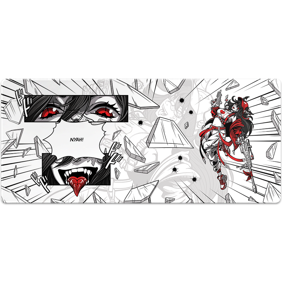 Anime-themed large ArcaLoot gaming mousepad with sniper eyes and tongue on white background. Cracked Design.