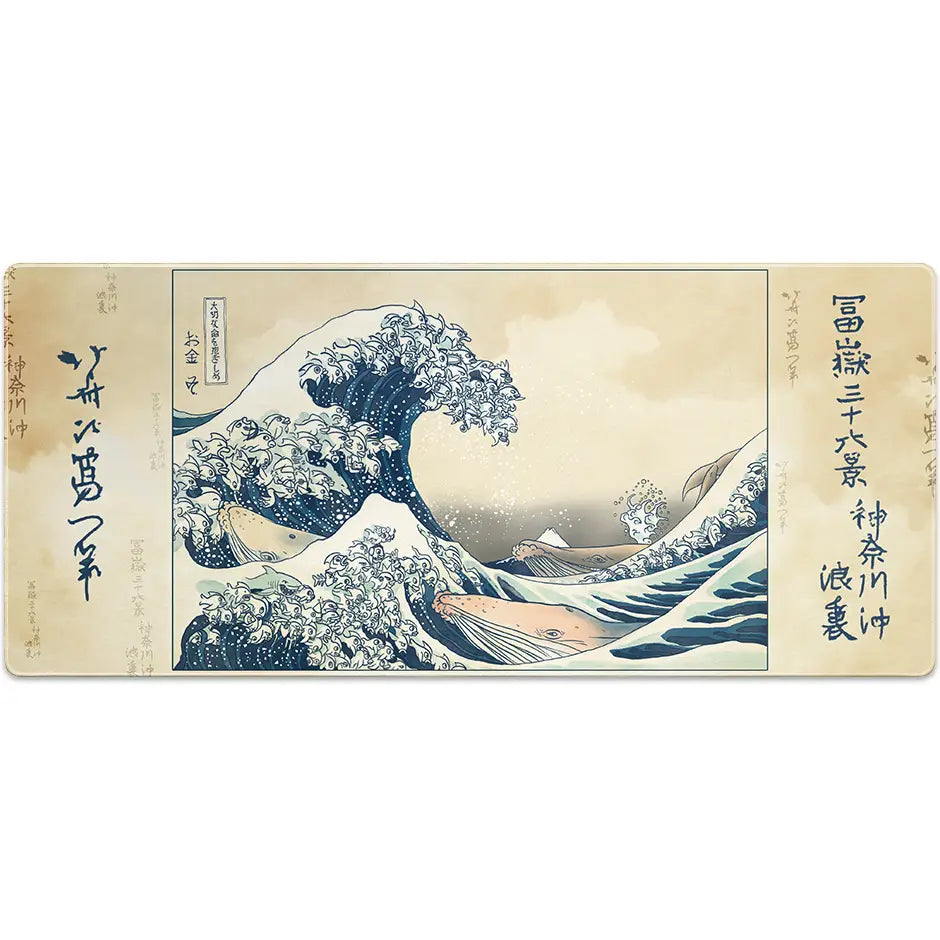 Large Arcaloot gaming mousepad featuring a fishy twist on the famous Kanagawa Wave. Kanagawa Fish Wave.