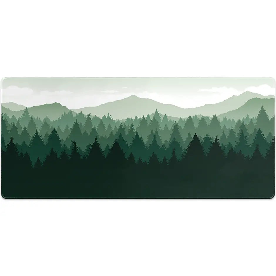 Large ArcaLoot gaming mousepad with green forest and mountains design. Wild Emerald.