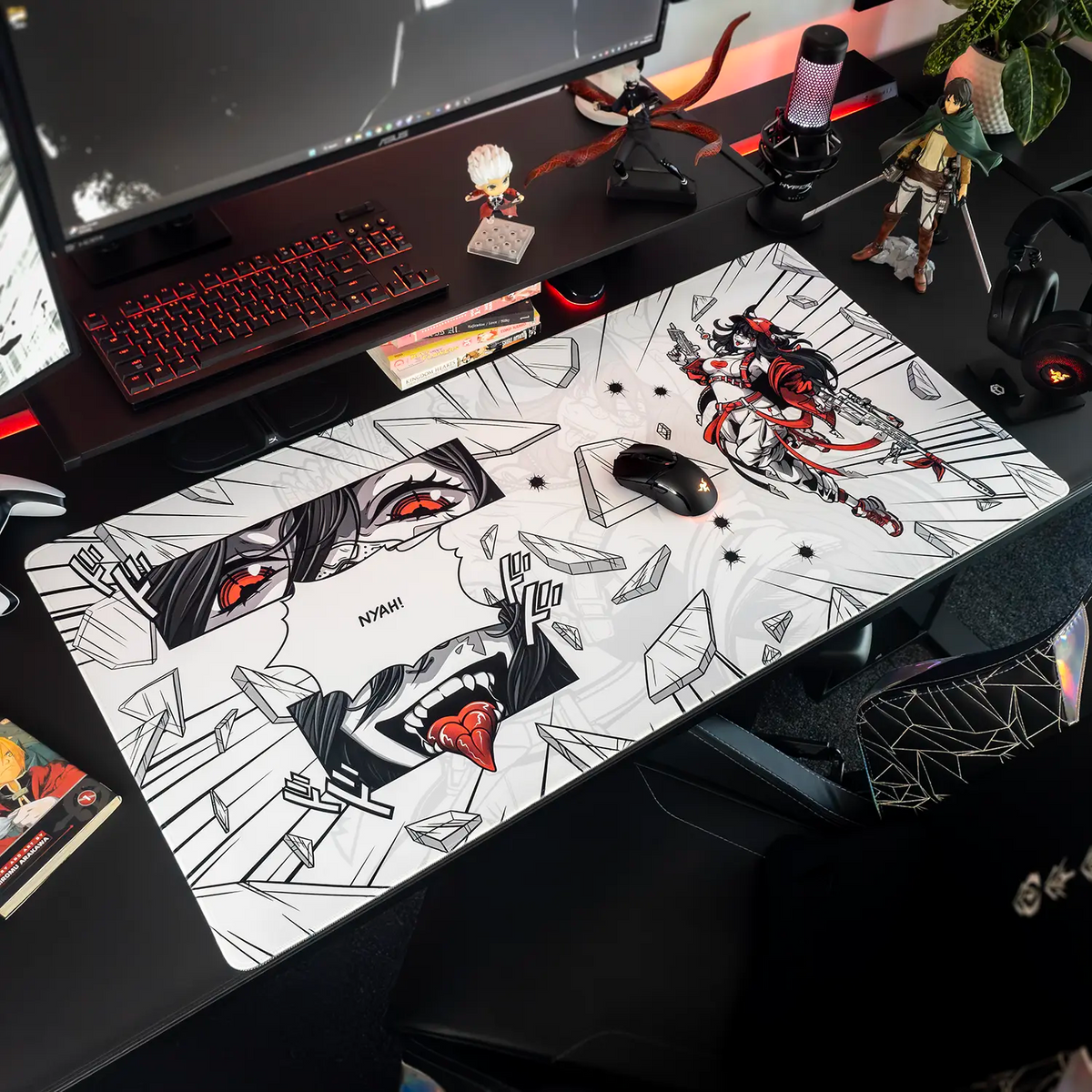 Desk setup with a extra large Arcaloot gaming mousepad featuring anime-style design. Cracked design.