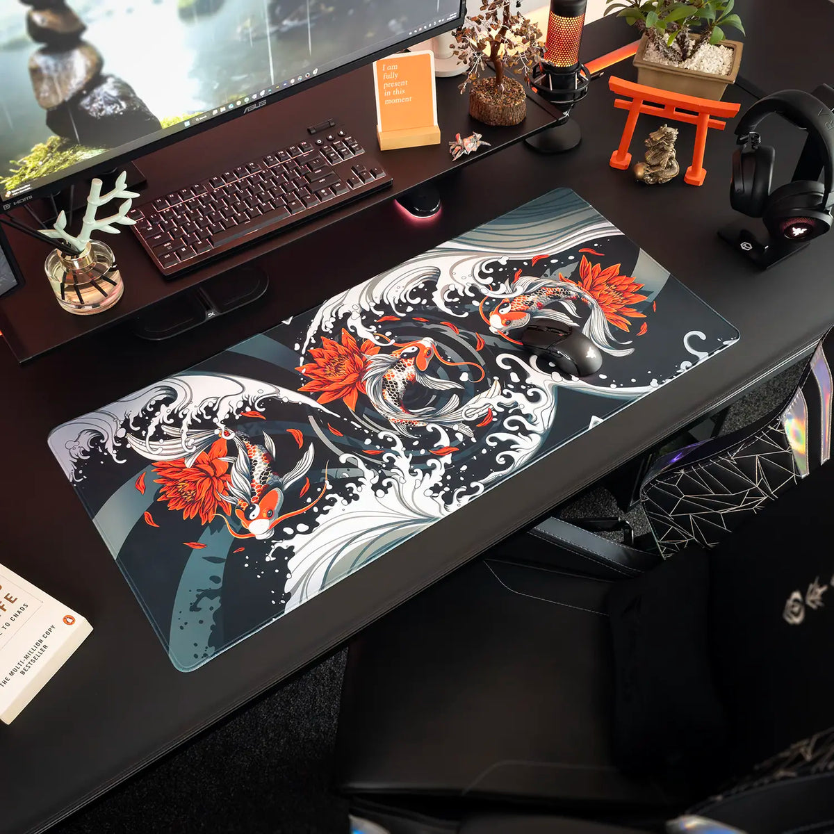 Decorative desk setup with a Large Arcaloot gaming mousepad featuring a koifish design. Rippled Tranquillity.