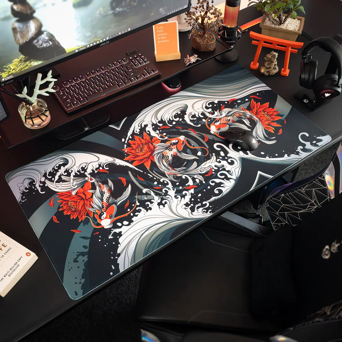 Decorative desk setup with a Extra Large Arcaloot gaming mousepad featuring a koifish design. Rippled Tranquillity.