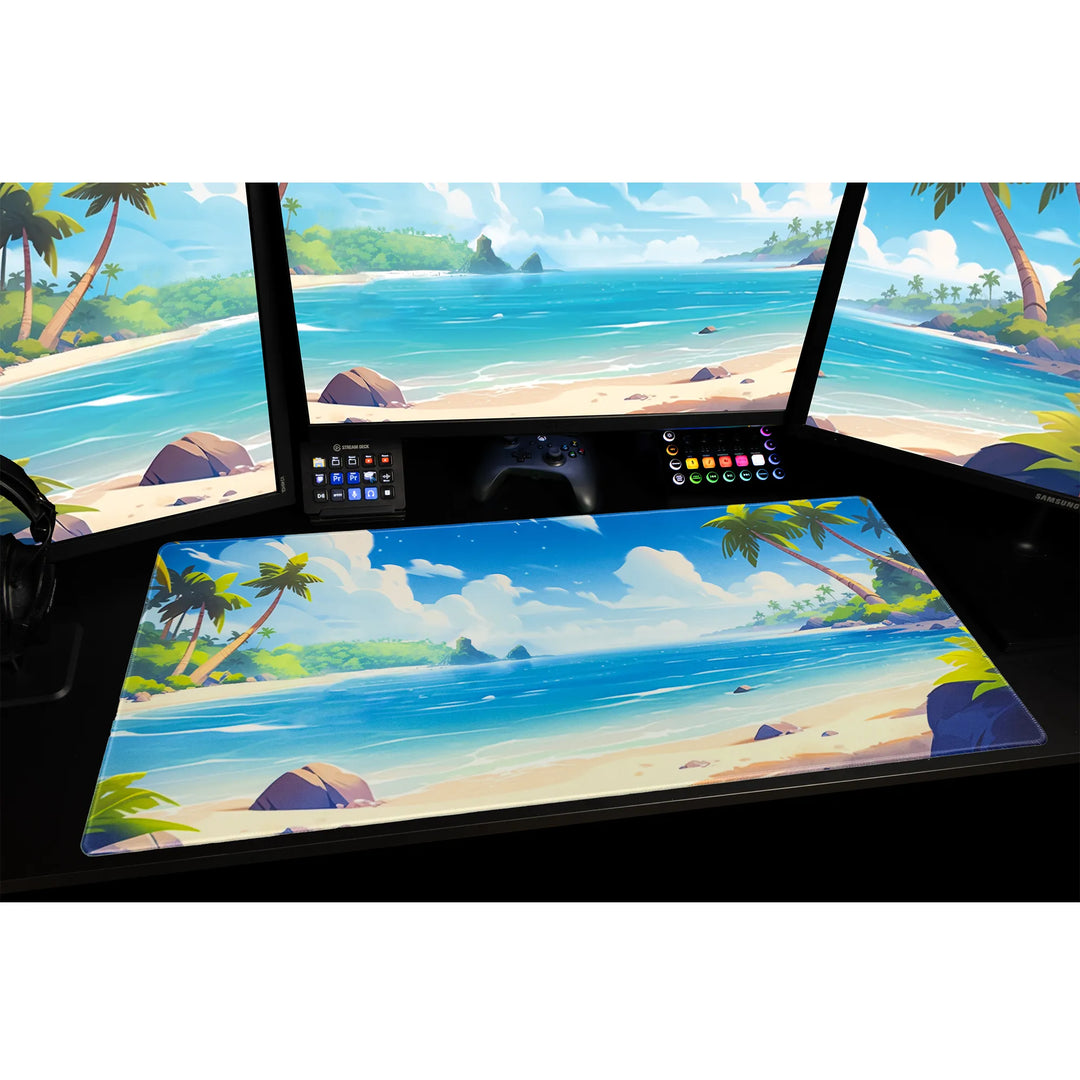 Large ArcaLoot gaming mousepad with a beach scene and palm trees on a black gaming setup. Treasure Cove.