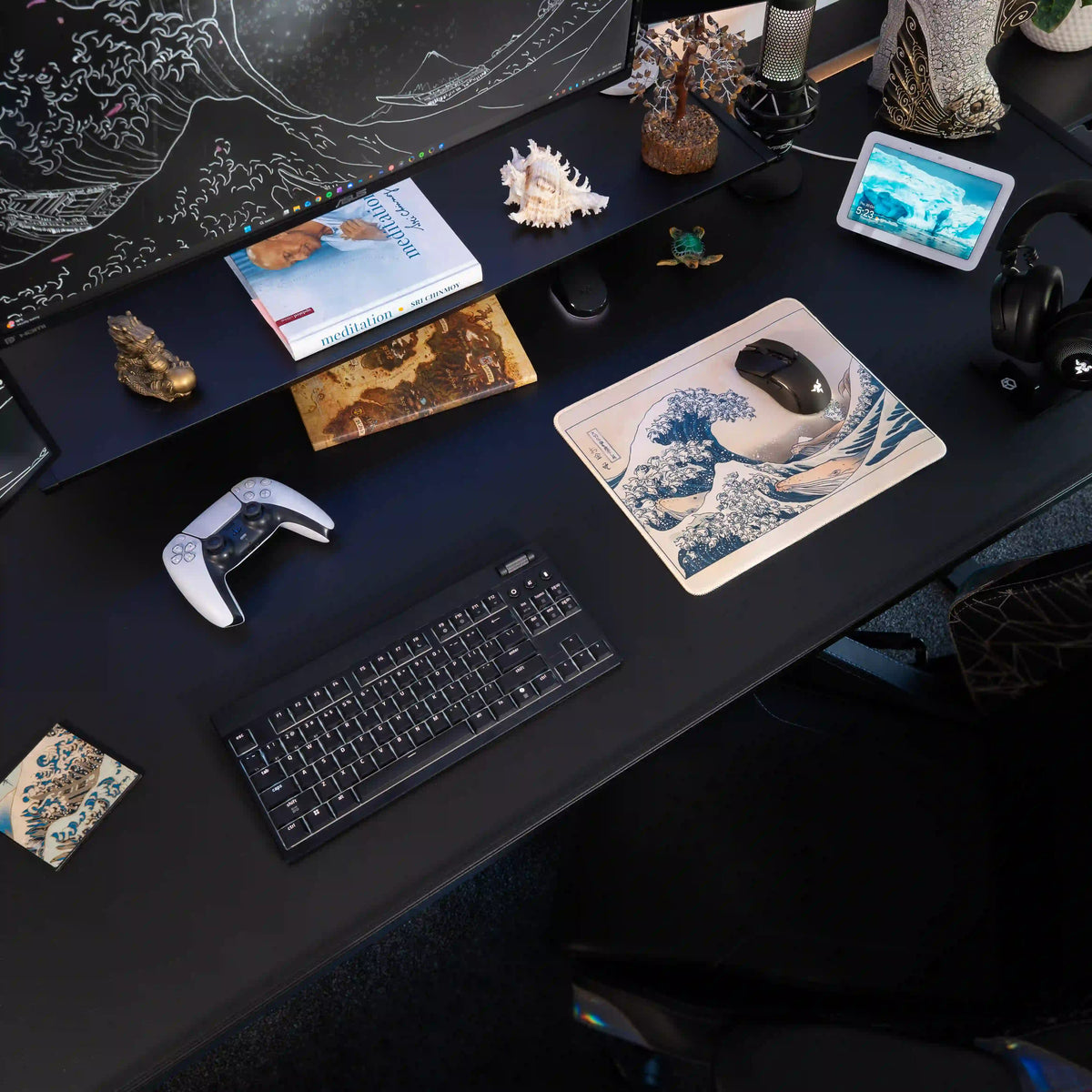 Small Arcaloot gaming mousepad featuring a fishy twist on the famous Kanagawa Wave on a black gaming. setup. Kanagawa Fish Wave.