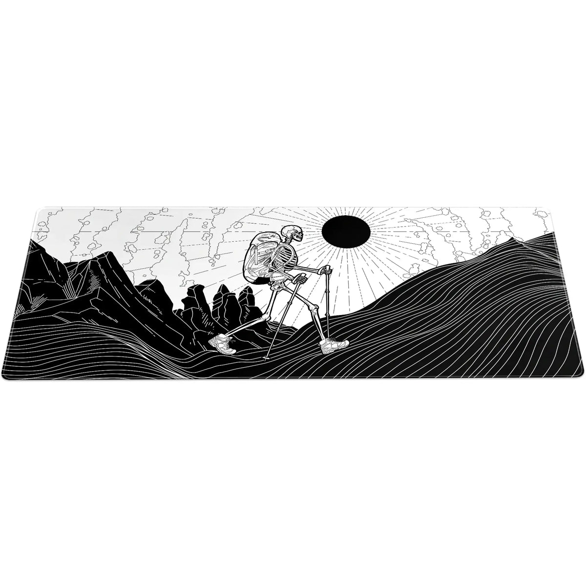 Large ArcaLoot gaming mousepad with a Skeleton figure hiking against a mountain landscape. Bare Boned Expedition.