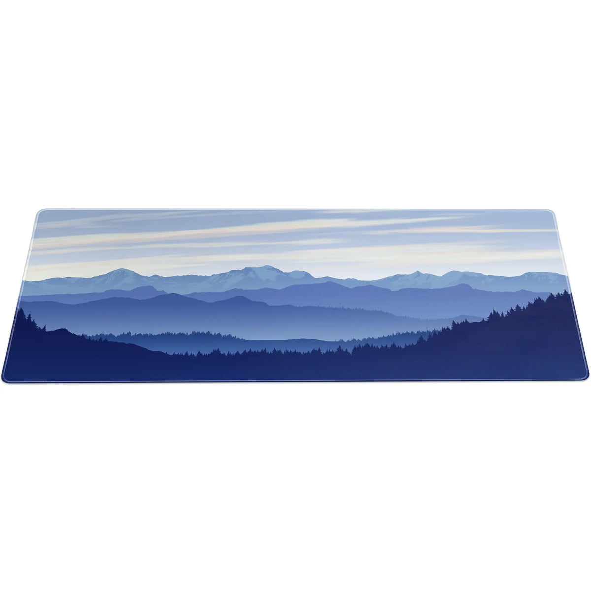 Large ArcaLoot gaming mousepad featuring blue mountains and a beautiful sky. Sapphire Summits.
