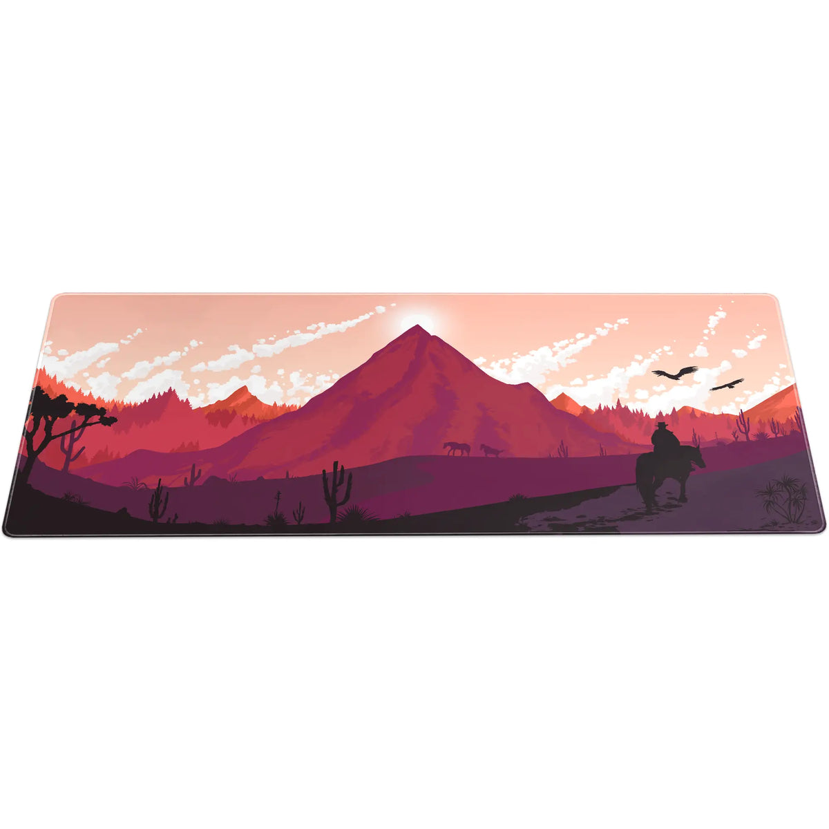 Large ArcaLoot Gaming Mousepad featuring a western desert landscape design. Sunset Wrangler.
