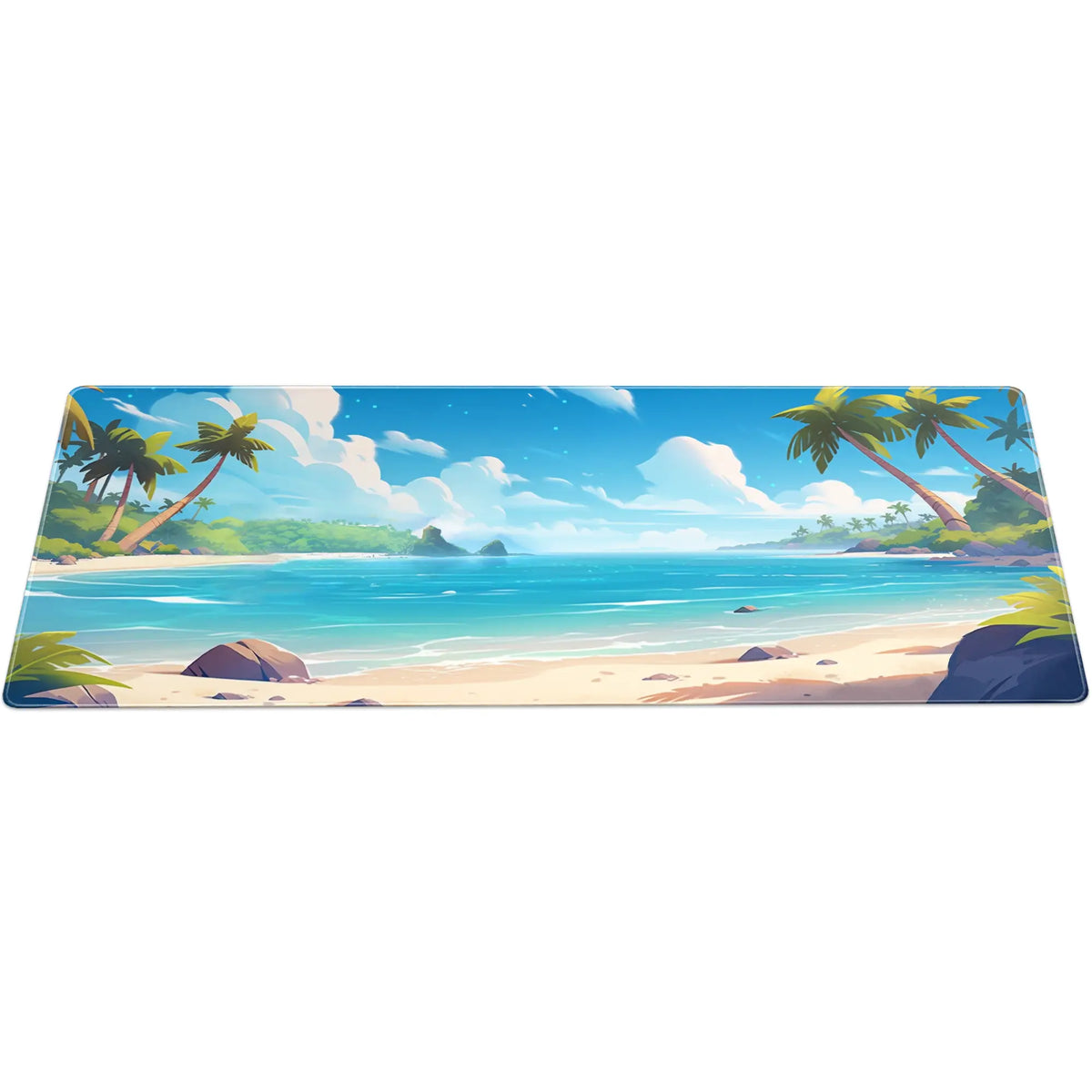 Large ArcaLoot gaming mousepad with a beach scene with palm trees. Treasure Cove.