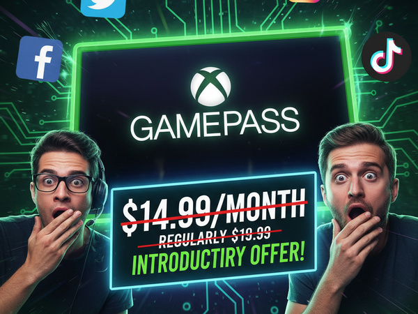 Xbox Game Pass logo with price tag and shocked gamer faces, social media icons in background