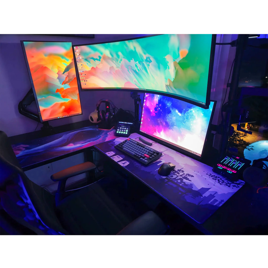 Large ArcaLoot Gaming mousepad with a Japanese-themed design featuring a purple and white design on a black gaming setup. Sakura Cityscape.
