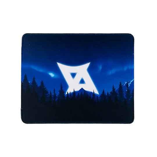Small ArcaLoot gaming mousepad featuring AussieAntics logo and blue mountains. AussieAntics Alpine Aurora. 