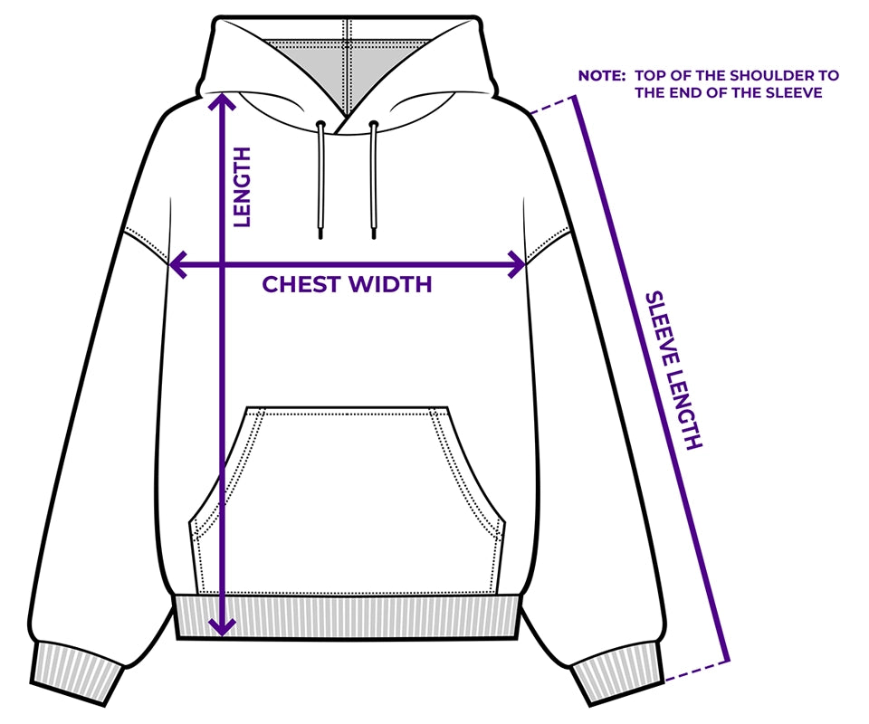 Diagram of a hoodie with measurement lines indicating length, chest width, and sleeve length.