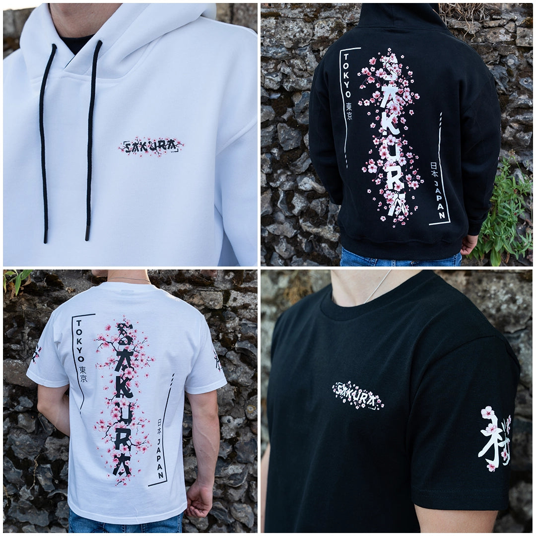Square banner split into 4 photos showcasing front and back views of the ArcaLoot Sakura Black and White Collection, featuring Japanese streetwear cherry blossom designs.