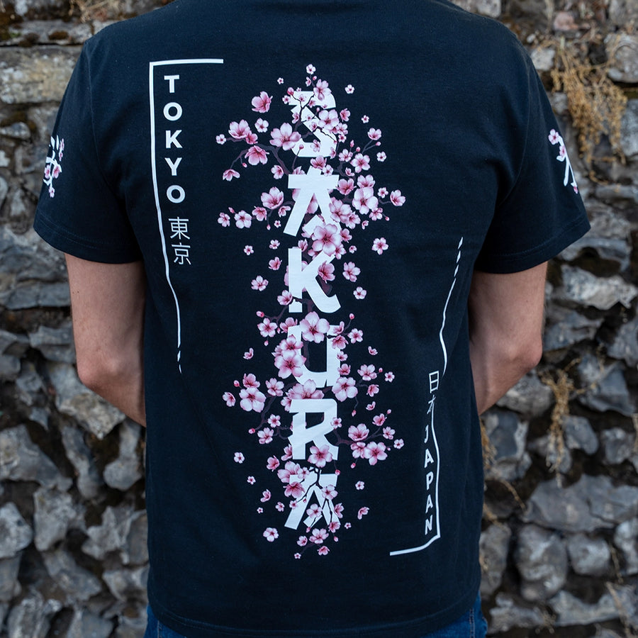 ArcaLoot Sakura black T-shirt with vertical Sakura lettering and Japanese cherry blossom back design.