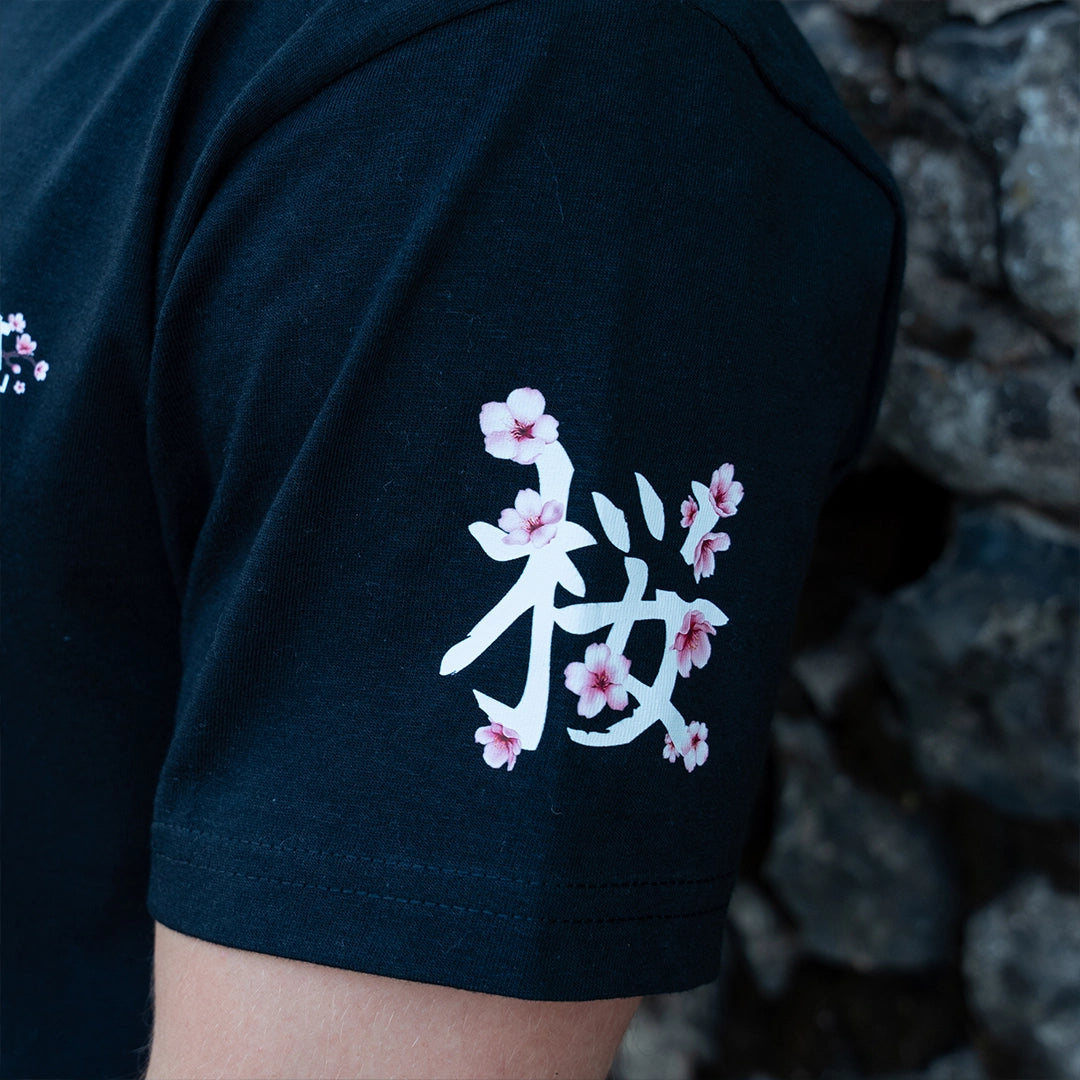 ArcaLoot Sakura black T-shirt sleeve with Japanese lettering for Sakura and cherry blossoms artwork.