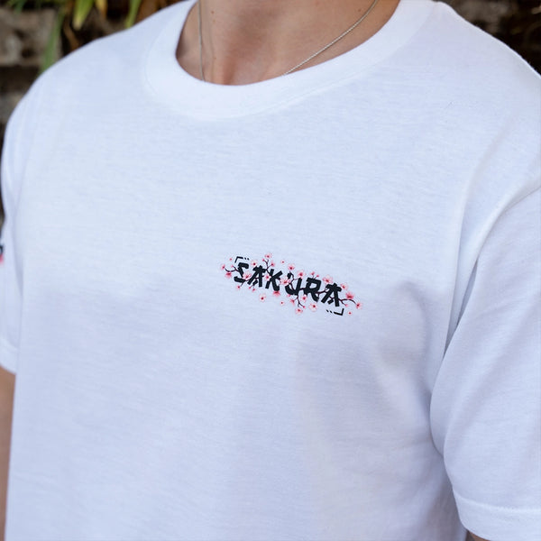 ArcaLoot Sakura white T-shirt with Japanese cherry blossom and Sakura text front logo.