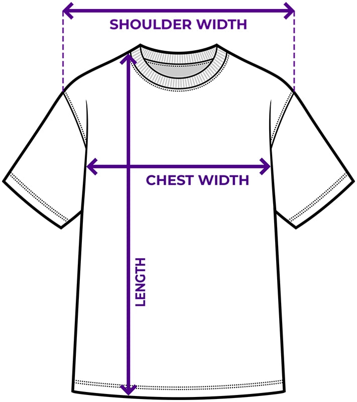 Diagram showing how to measure a t-shirt with labeled parts for shoulder width, chest width, and length.