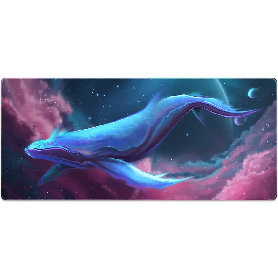 Large ArcaLoot gaming mousepad with a blue whale design against a colorful cosmic background. Cosmic Cetacean.