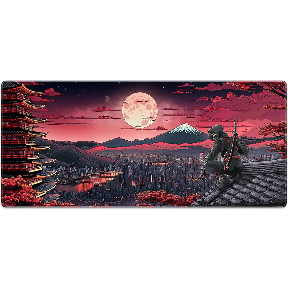 Large ArcaLoot Gaming mousepad with a Japanese-themed design featuring a ninja. Crimson Shadow. 