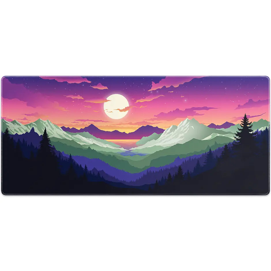 Large ArcaLoot gaming mousepad with a mountain and sunset rainbow design. Rainbow Valley. 