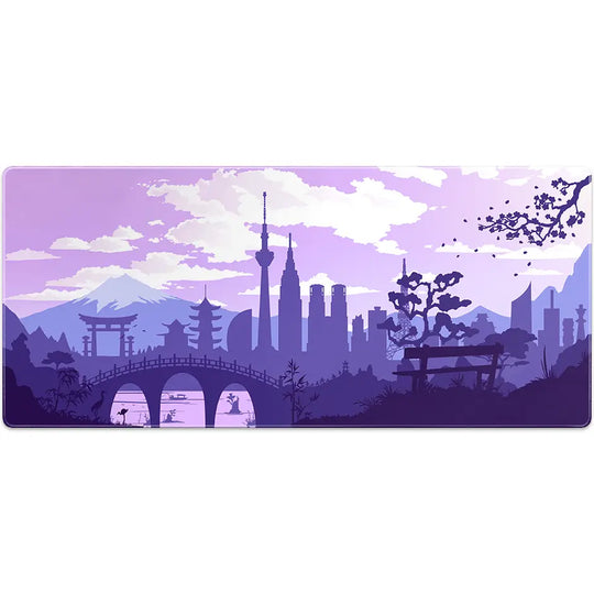 Large ArcaLoot Gaming mousepad with a Japanese-themed design featuring a purple and white design. Sakura Cityscape.