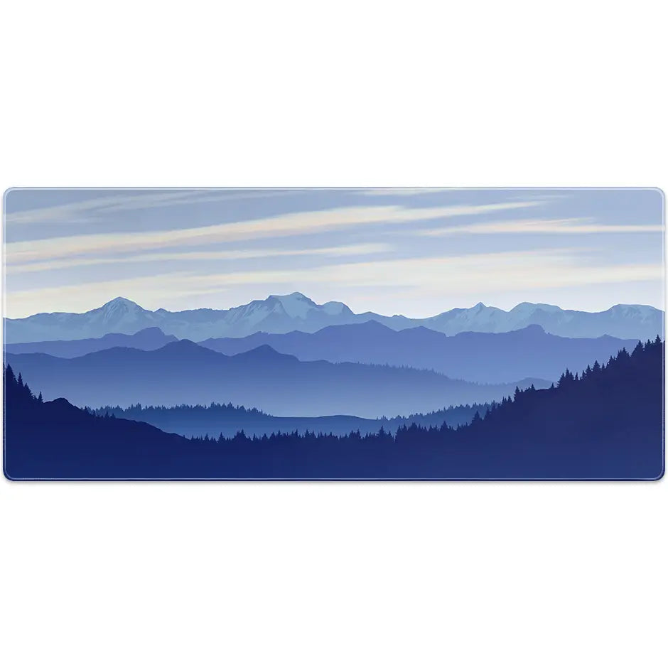 Large ArcaLoot gaming mousepad featuring blue mountains and a beautiful sky. Sapphire Summits.