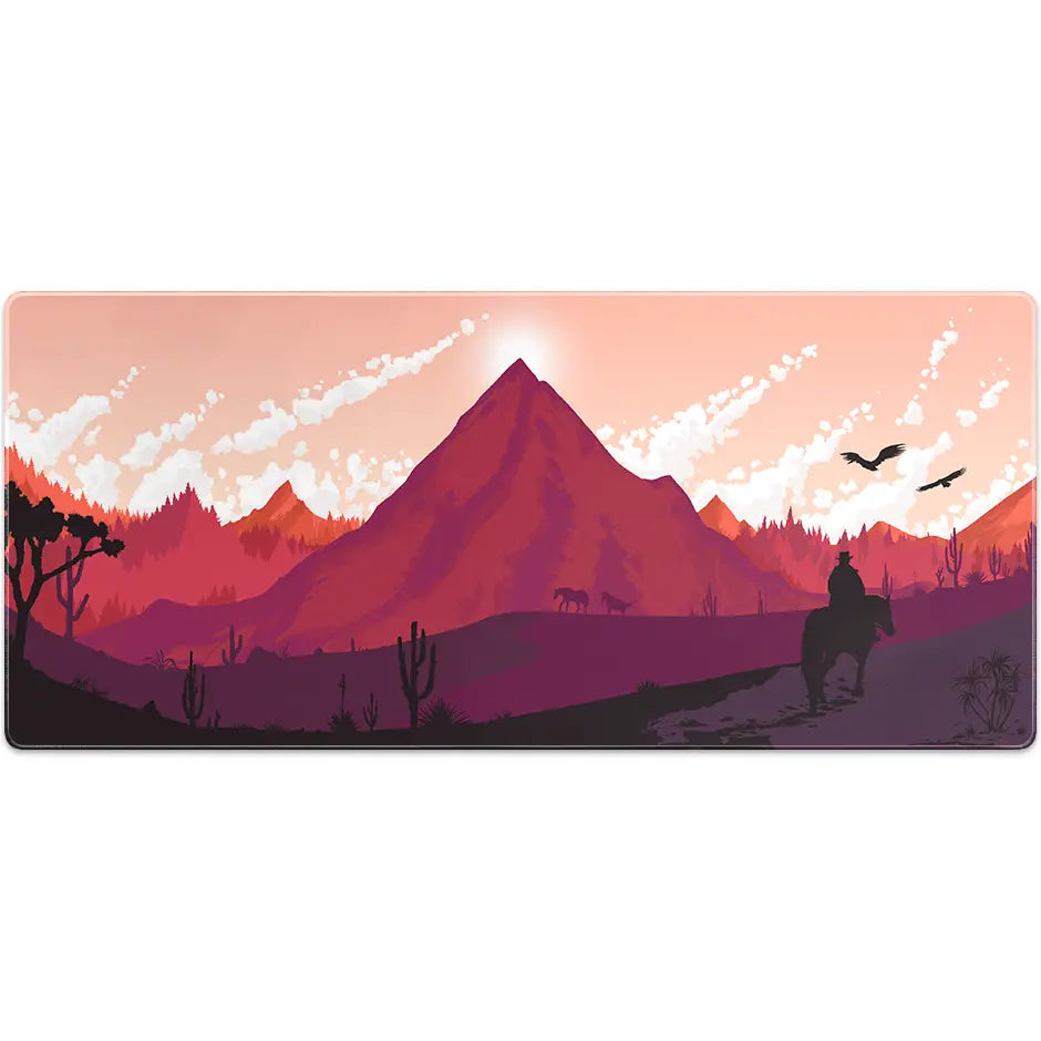 Large ArcaLoot Gaming Mousepad featuring a western desert landscape design. Sunset Wrangler.