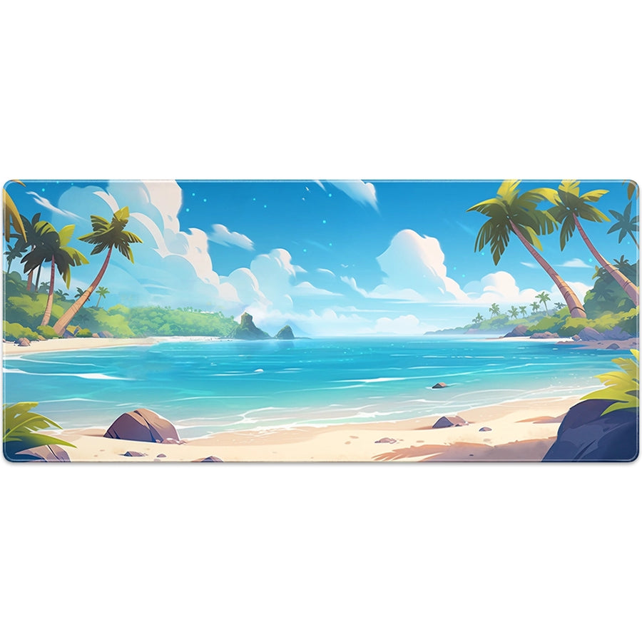 Large ArcaLoot gaming mousepad with a beach scene with palm trees. Treasure Cove.
