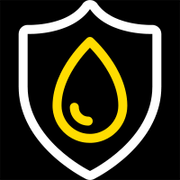 Shield icon with a yellow droplet symbol on a black background