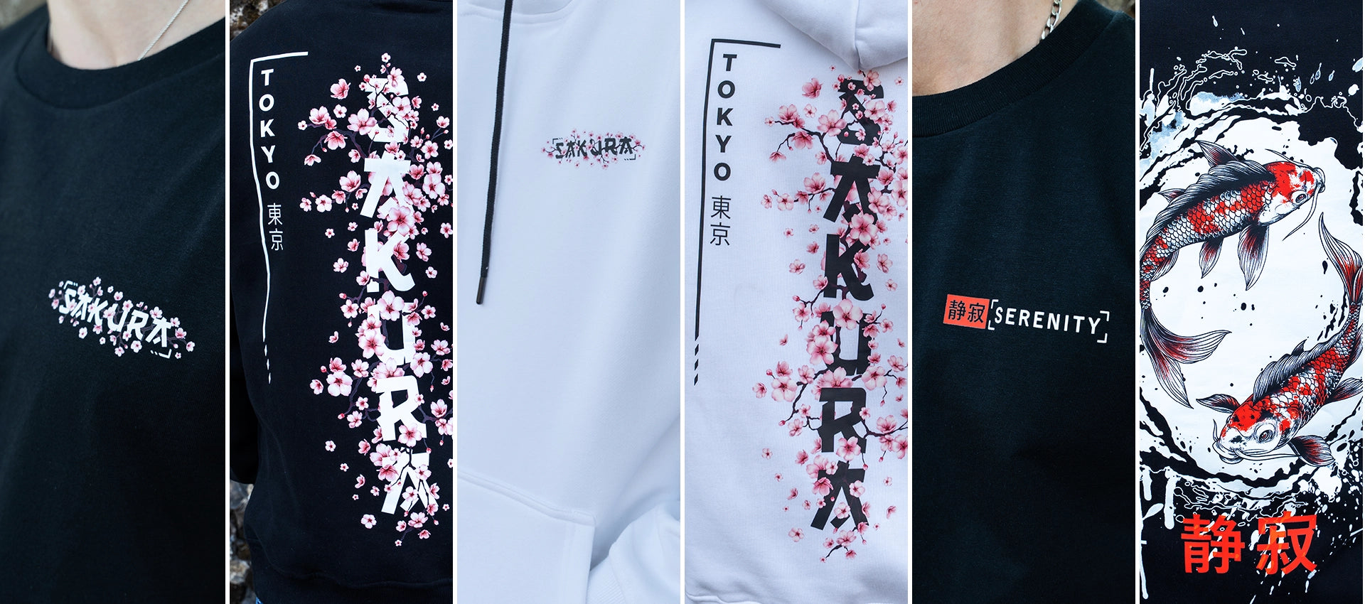 Banner split into six photo strips showcasing front and back views of the ArcaLoot Sakura Black and White Collection and Serenity Black Collection, featuring Japanese cherry blossom and koi fish designs.