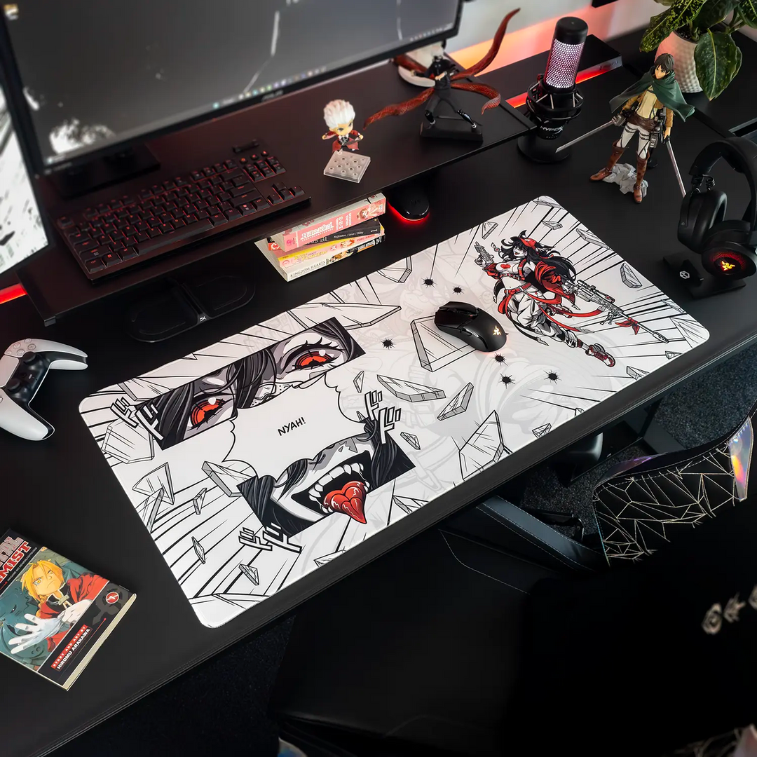 Desk setup with a large Arcaloot gaming mousepad featuring anime-style design. Cracked design.