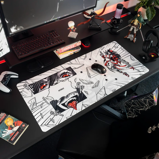 Desk setup with a large Arcaloot gaming mousepad featuring anime-style design. Cracked design.