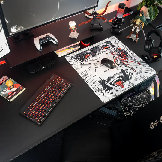 Desk setup with a medium Arcaloot gaming mousepad featuring anime-style design. Cracked design.