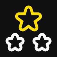 Three star-shaped objects with yellow, black, and white outlines on a black background
