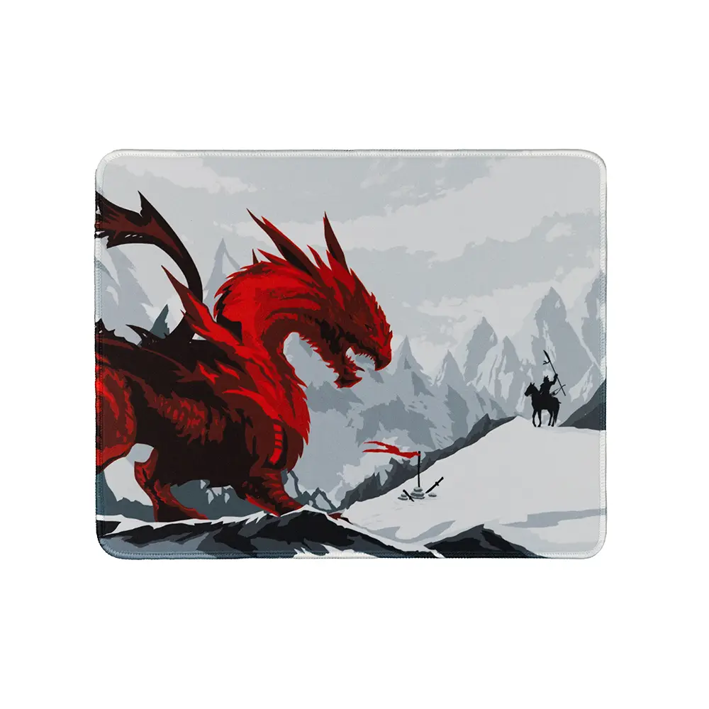 Small ArcaLoot gaming mousepad featuring a red dragon facing a knight. Blade and Flame.