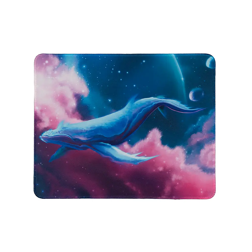 Small ArcaLoot gaming mousepad with a blue whale design against a colorful cosmic background. Cosmic Cetacean.