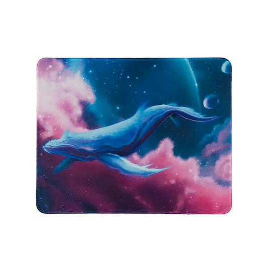 Small ArcaLoot gaming mousepad with a blue whale design against a colorful cosmic background. Cosmic Cetacean.