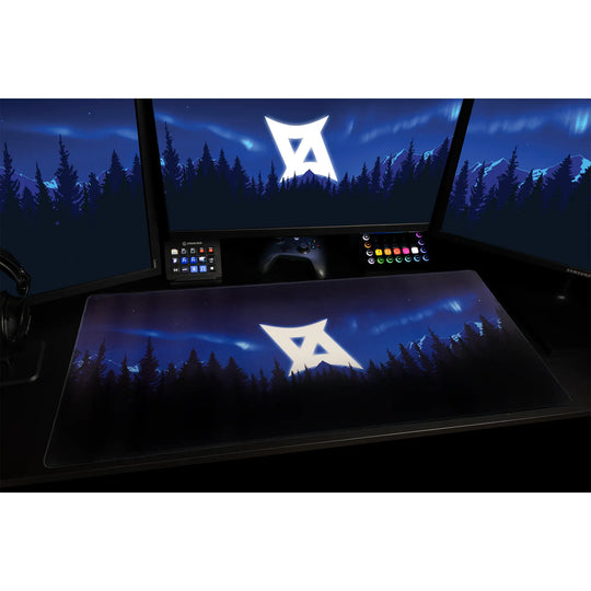 Large ArcaLoot gaming mousepad featuring AussieAntics logo and blue mountains on a black gaming setup. AussieAntics Alpine Aurora. 