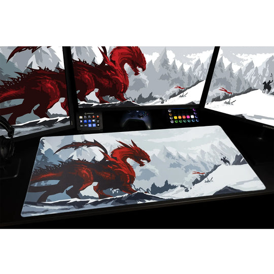Large ArcaLoot gaming mousepad featuring a red dragon facing a knight on a black gaming desk. Blade and Flame.