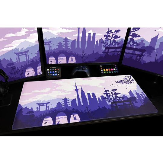 Large ArcaLoot Gaming mousepad with a Japanese-themed design featuring a purple and white design on a black gaming setup. Sakura Cityscape.