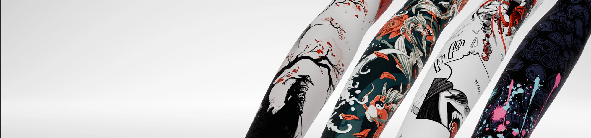 Four gaming arm sleeves with various designs on a light grey background.