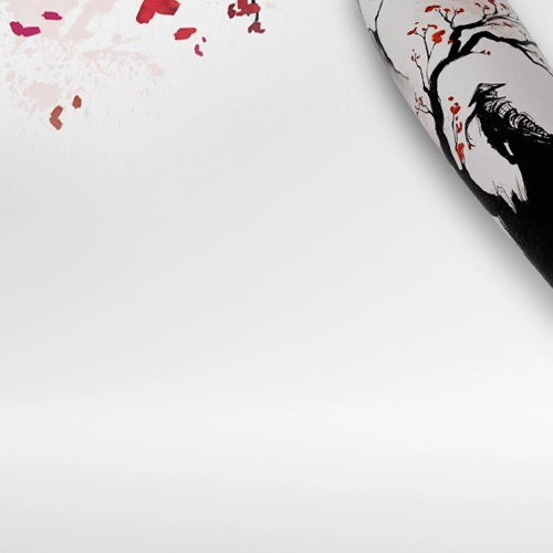 Gaming Arm Sleeve in the corner with a samurai and cherry blossom painted in the Japanese sumi art style on it, on a light grey background and some red cherry blossoms in the other top corner.