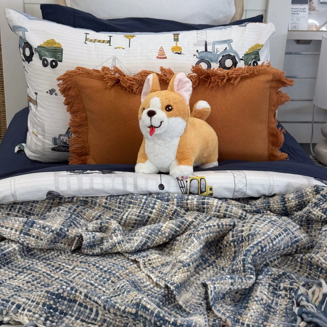 Corgi Plush Toy on a bed. Based on AussieAntics Dog called Steve. 