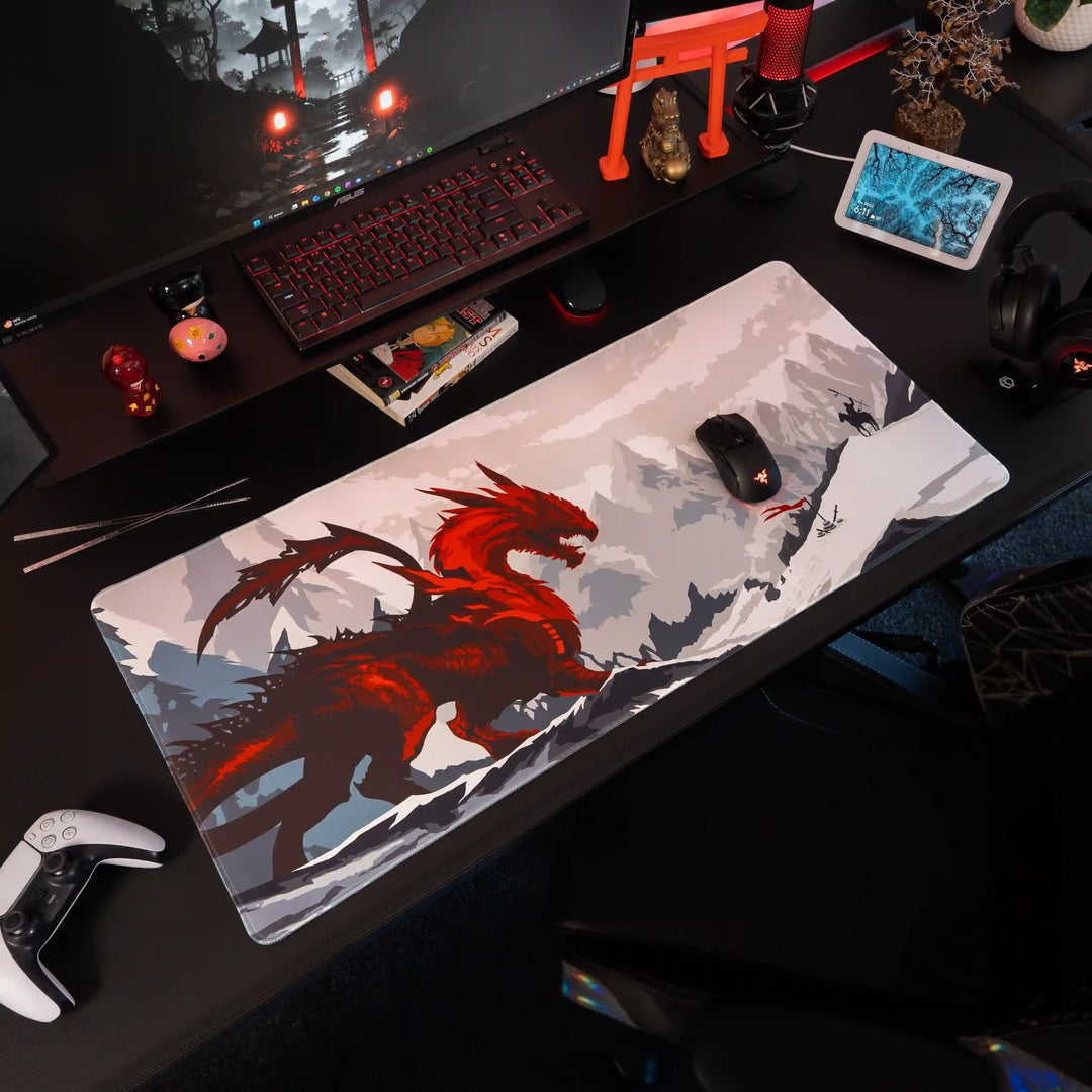 Large ArcaLoot gaming mousepad featuring a red dragon facing a knight on a black gaming desk. Blade and Flame.