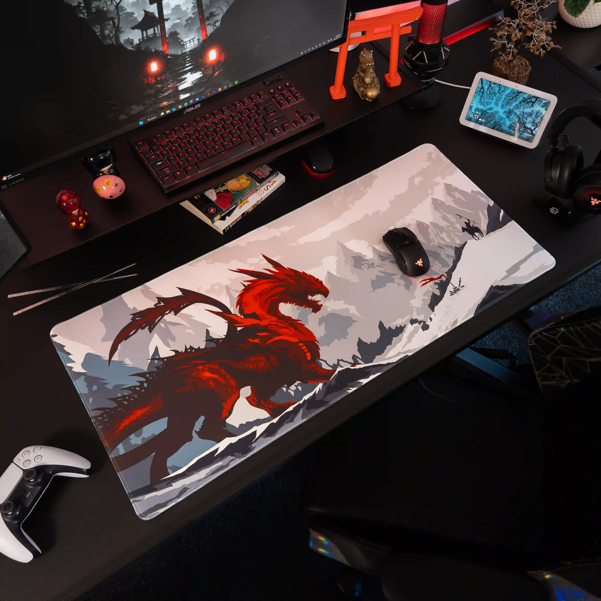 Large ArcaLoot gaming mousepad featuring a red dragon facing a knight on a black gaming desk. Blade and Flame.