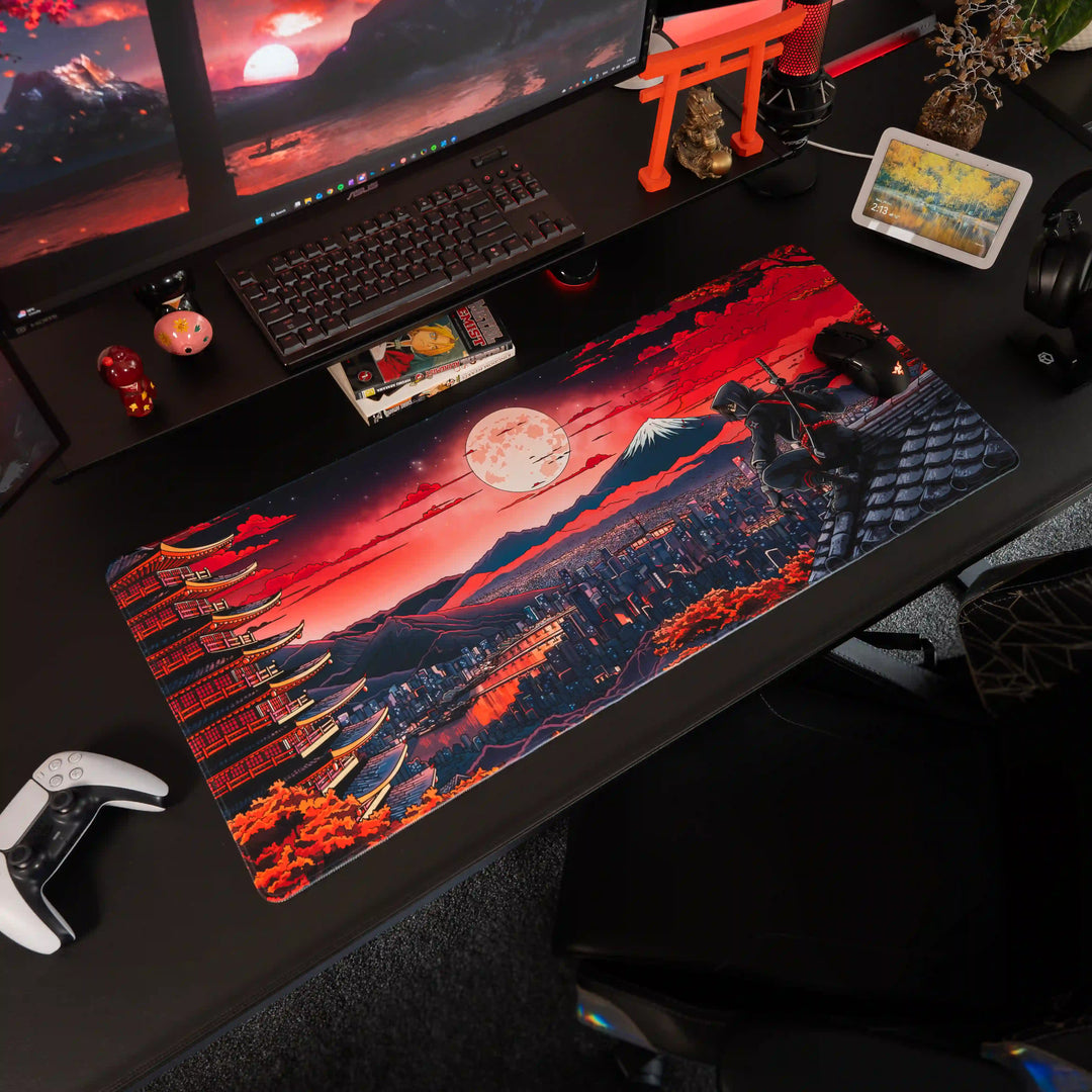 Large ArcaLoot Gaming mousepad with a Japanese-themed design featuring a ninja on a black gaming setup. Crimson Shadow. 