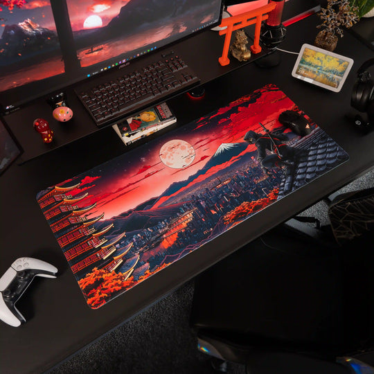 Large ArcaLoot Gaming mousepad with a Japanese-themed design featuring a ninja on a black gaming setup. Crimson Shadow. 