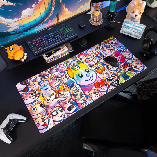 Large ArcaLoot gaming mousepad featuring colorful cartoon dog characters from AussieAntics on a black gaming setup. AussieAntics Steve Emotes.